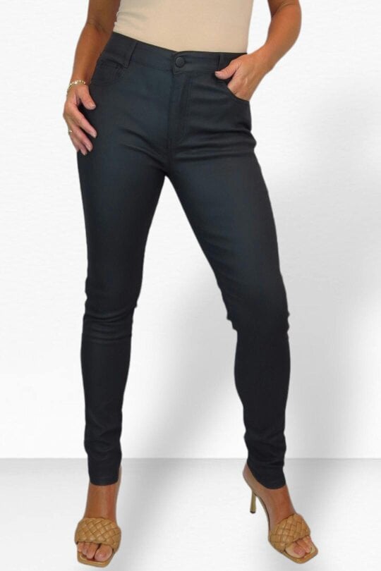Paulo Due Womens Skinny Coated Leather Look Jeans - Jet Black