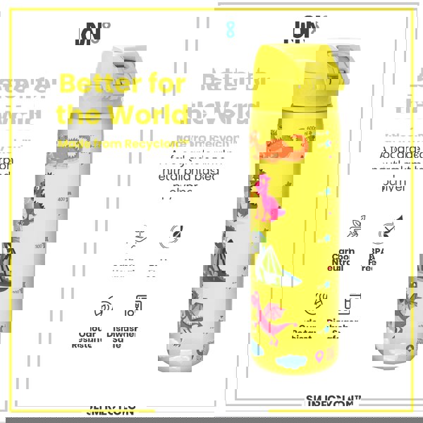 A yellow water bottle, featuring cartoon dragons, sits against a white background. The bottle is made from a plant-based polymer, is BPA-free, odour-resistant and dishwasher-safe. It's advertised as "Better for the World."