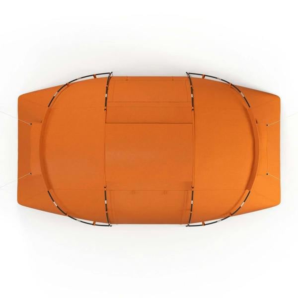 Orange tunnel camping tent with top seams and arched end panels
