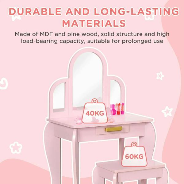 Pink kids vanity table set with arched mirror and matching stool, sturdy construction