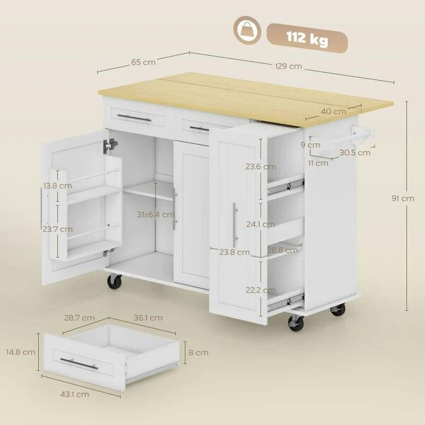 Kitchen Island, Rolling Kitchen Cart with Drop Leaf, Storage Trolley, Pull-out Storage, Drawers and Towel Rack, White