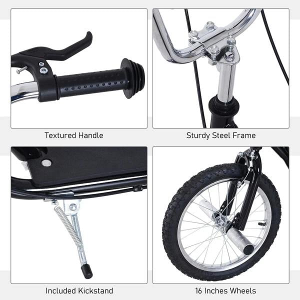 Black kids scooter features: textured handle, sturdy steel frame, kickstand, and 16-inch wheels