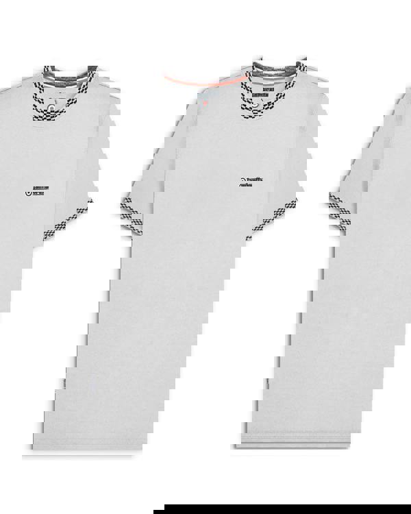 Lambretta Mens Classic Two Tone Ringer Retro Casual T-Shirt, white T-shirt with black checkered trim on the collar and sleeves.