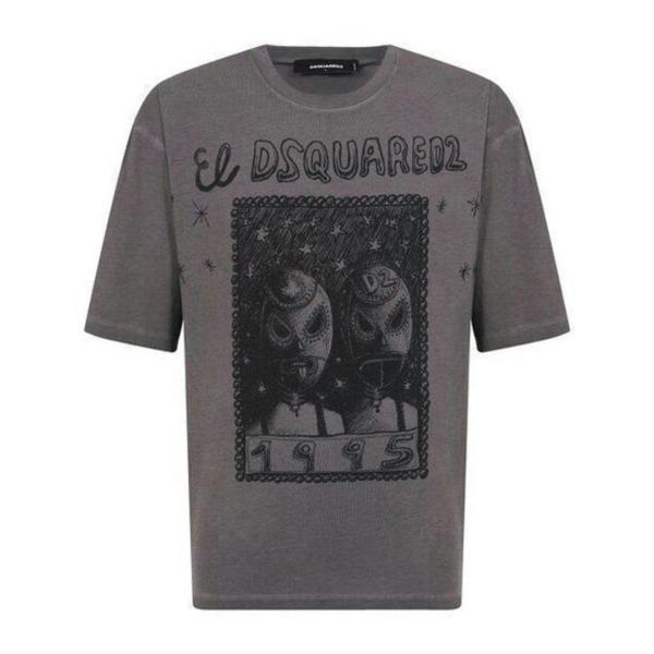 DSquared2 Mens El Graphic Print Loose Fit T-Shirt - Charcoal Grey - 