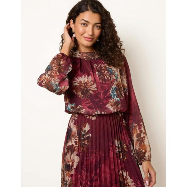 Blue Vanilla Floral Cowl Neck Long Sleeve Pleated Chiffon Dress