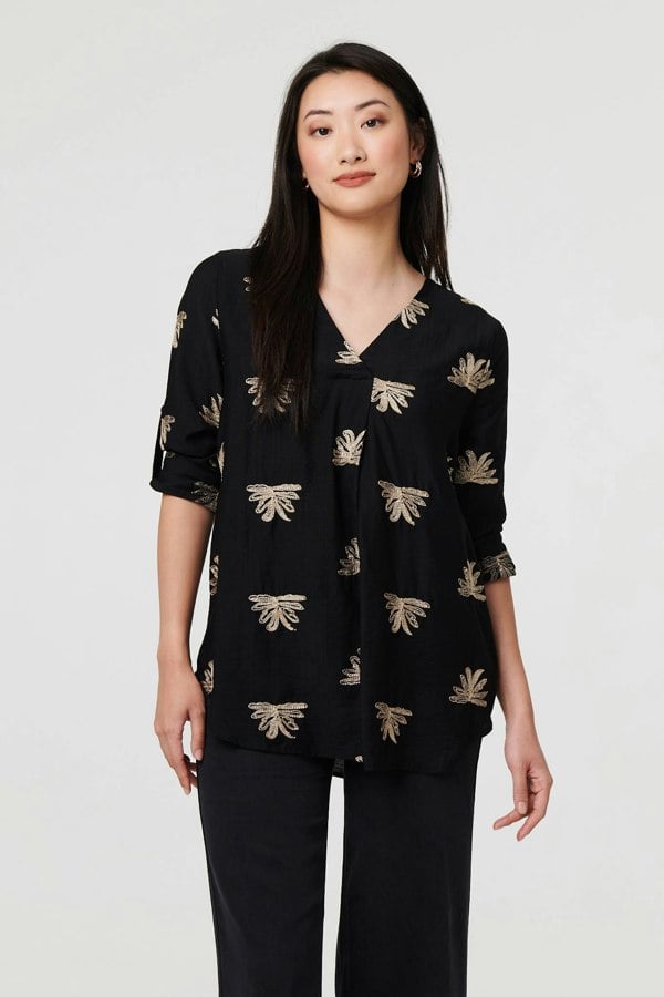 Black | Embroidered Pleat 3/4 Sleeve Blouse
