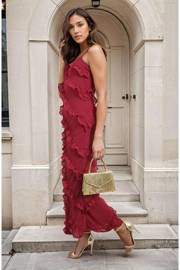 Gracie V-neck Tiered Ruffle Backless Maxi Dress - Cherry Red