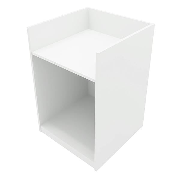 Sleek white Europa LED shop counter with a minimalist design, featuring an open shelf and smooth surfaces for modern retail displays