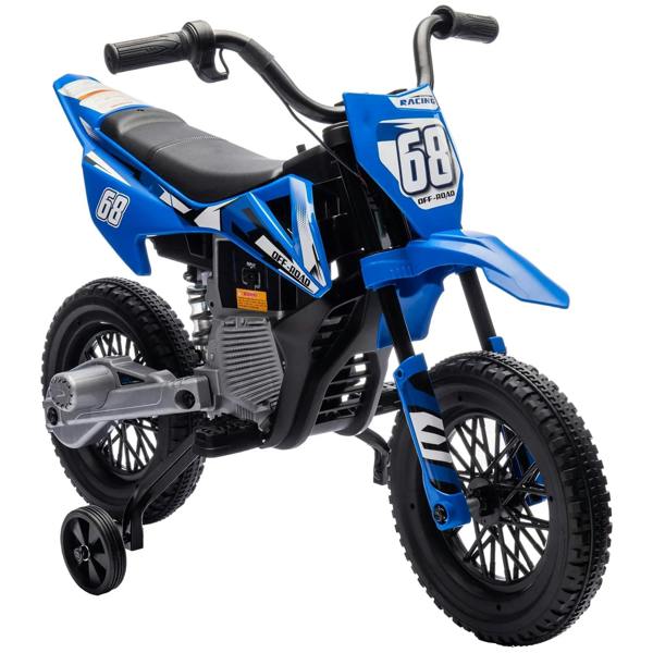 Blue kids electric ride-on motorbike with twist-grip throttle and black seat