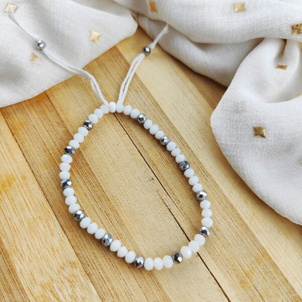 The Colourful Aura White Crystal Silver Slim Beads Adjustable Elegant Daily Handmade Bracelet