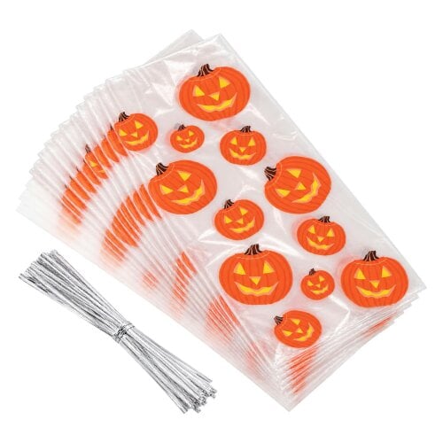 Shatchi 13x30cm Pumpkin Cello Gift Bags with Twist Ties, Pack of 20 for Halloween Treats