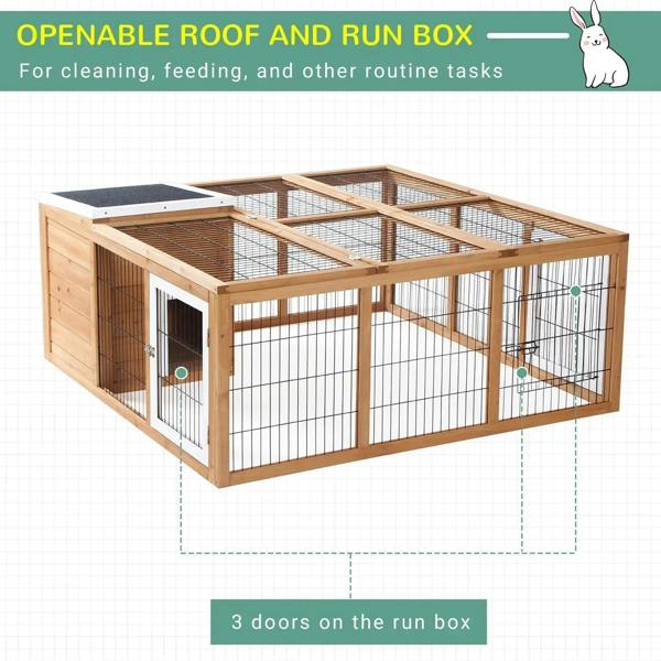 Wooden rabbit hutch run box with openable roof and wire-mesh doors