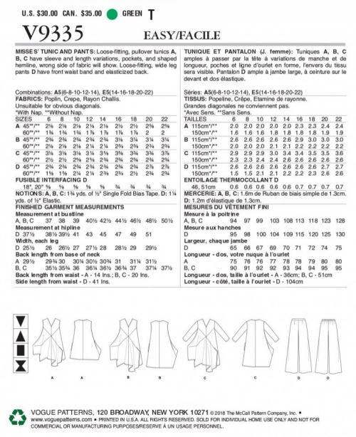 Vogue Sewing Pattern 9335, Tunics, Tops, Trousers for Women, A5 (6-8-10-12-14) - Easy