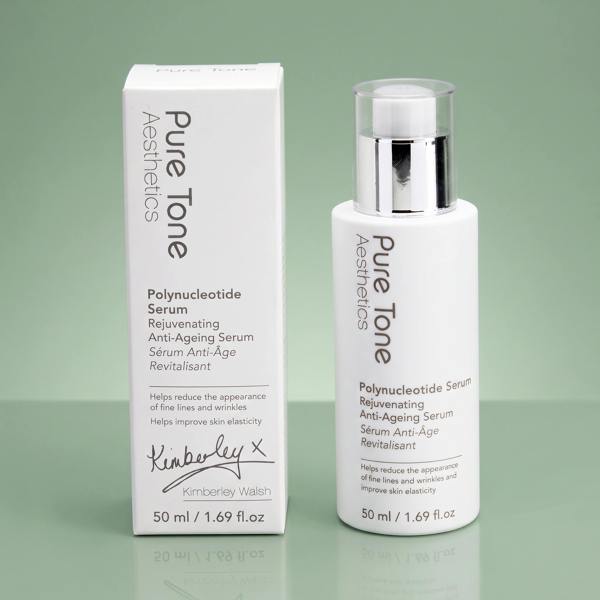Pure Tone Aesthetics Polynucleotide Serum in a white pump bottle with a silver cap, shown next to its white packaging box on a light sage green background.