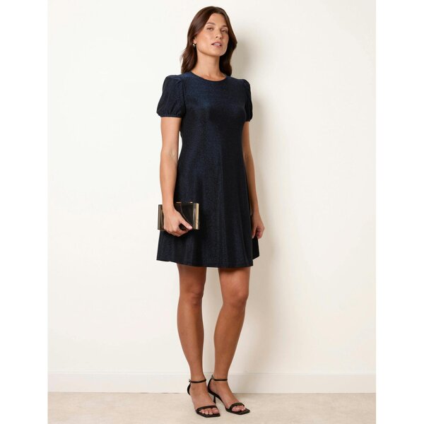 Blue Vanilla Metallic Puff Sleeve Swing Dress