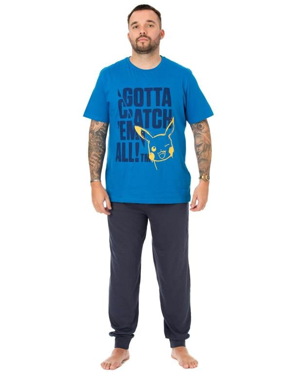 Pokemon Mens Blue Pikachu Short Sleeve Long Leg Pyjama Set