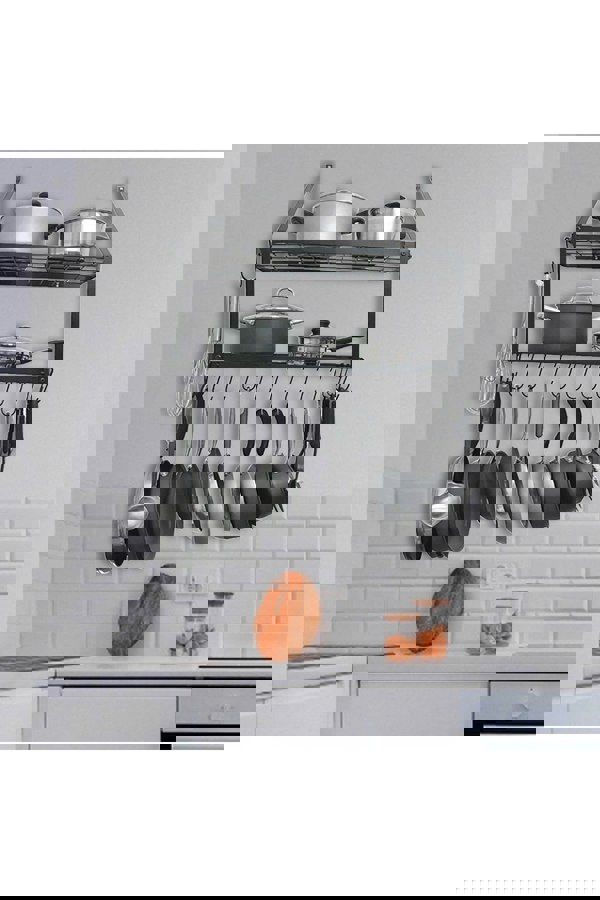 Living and Home 2 Tiers  Wall-Mounted Pan Rack Shelf Pot Holders Storage Drainer with 10 Hooks