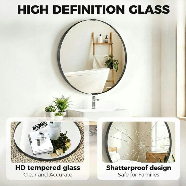 Round Wall Mirror 61 cm, Wall Mounted Bathroom Mirror with Tempered Safety Glass and Aluminium Alloy Frame, Black