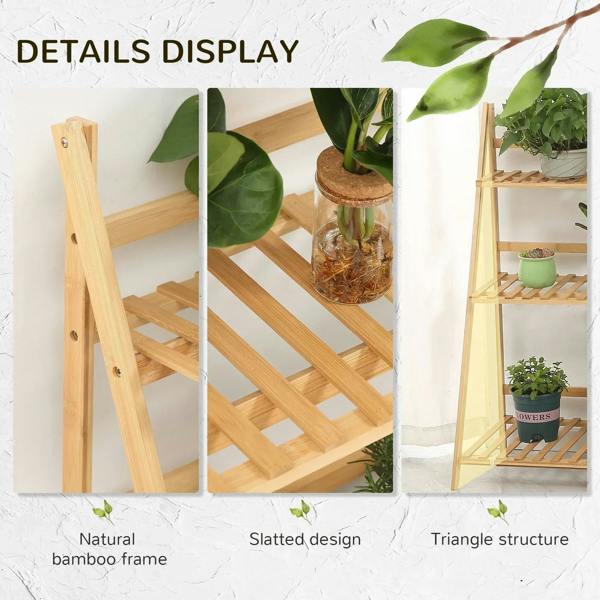 Bamboo plant stand details: slatted shelves, triangle support, and natural frame