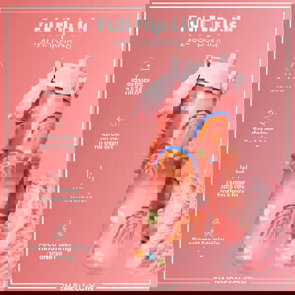 A pink water bottle, decorated with rainbows, is being held. Its lid flips back 240° for easy, safe drinking on the go. The bottle is labeled “SLIM RECYCLON™”.