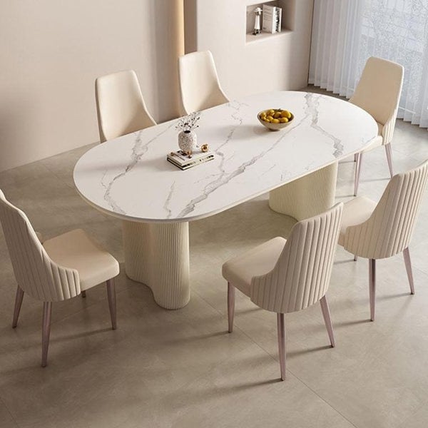 Peru Oval Dining Table, White with dining table set with bench