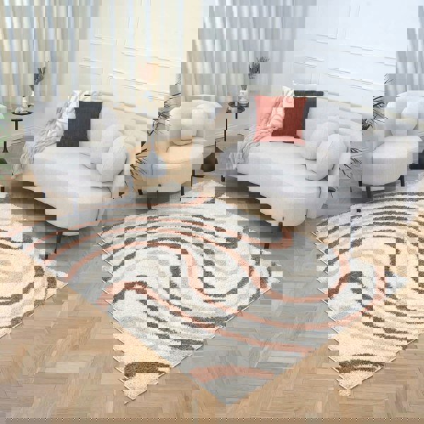 Moodi Shaggy Cream/Brown Rug, Striped design, soft pile | THE RUGS