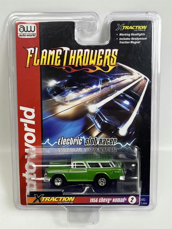 Auto World Slot Cars 1956 Chevy Nomad Green X Traction Flame Throwers HO Scale SC366-2