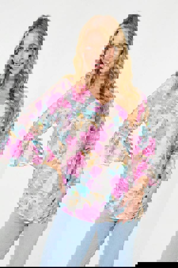 Pink | Floral Curve Hem 3/4 Flare Sleeve Blouse