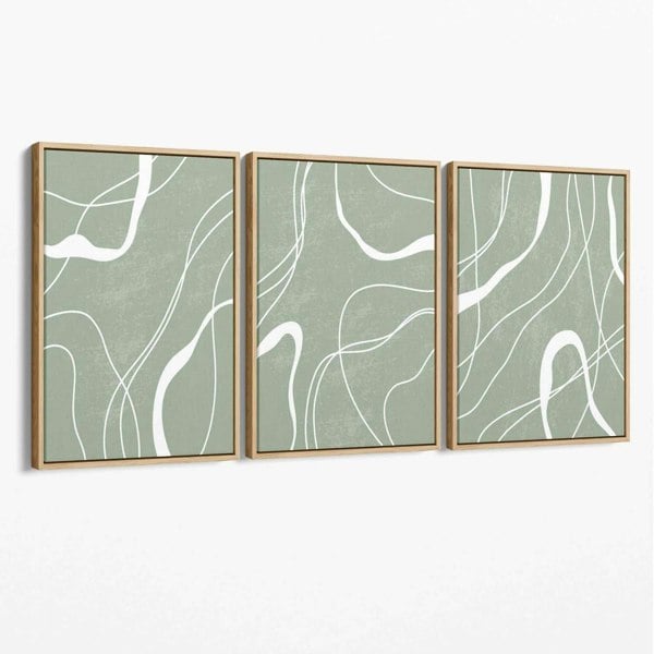 Set of 3 Abstract Green and White Strokes Canvas Art Prints with Oak Float Frame