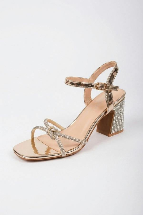 Edie Rhinestone Block Heel Knotted Sandals - Gold