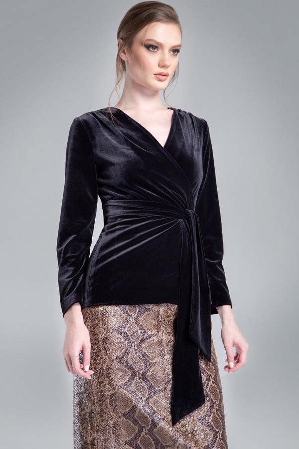 Rumour London Evelyn velvet wrap jacket with a self-tie sash in black
