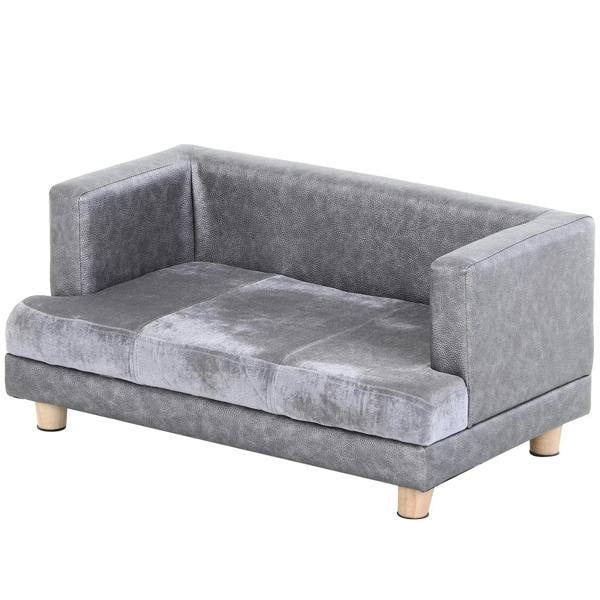 Grey elevated pet sofa bed with cushioned armrests and short wooden legs