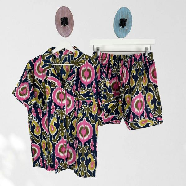 Hayley & Co Ikat Print Cotton Short Pyjama Set in Navy Blue and Pink