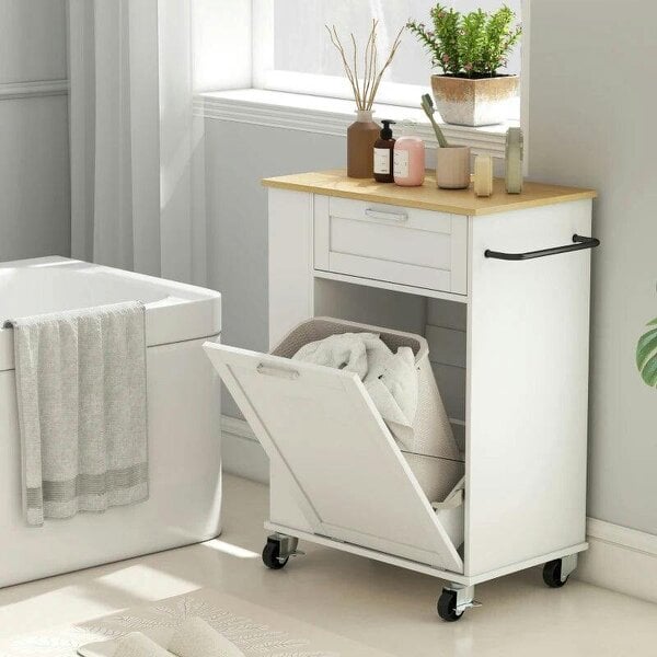 Kitchen Storage Trolley on Wheels, Rolling Kitchen Island with 2 Drawers, Tilt-Out Rubbish Cabinet and Storage, White