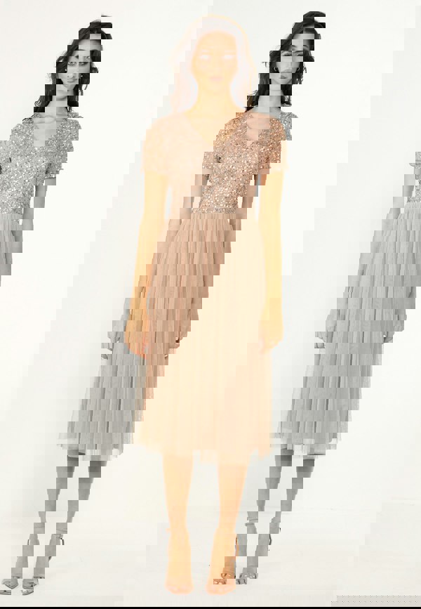 Embellished Sequin Baby Doll Midi Dress in Taupe - ANGELEYE