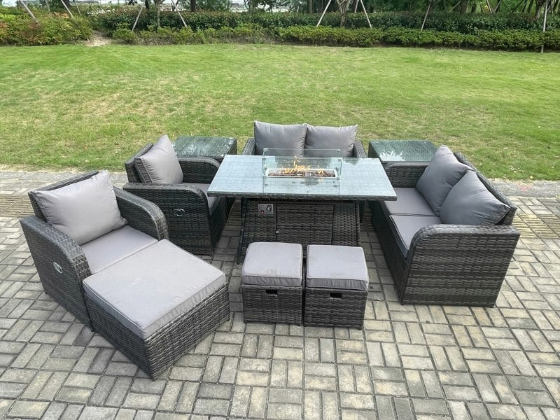 Fimous Rattan Outdoor Garden Furniture Set with Gas Fire Pit Table, 2 Sofas, 2 Chairs, 3 Footstools, 2 Side Tables - 9 Seater - Dark Grey