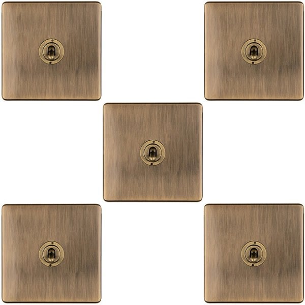 5 PACK 1 Gang Single Retro Toggle Light Switch SCREWLESS ANTIQUE BRASS 10A 2 Way