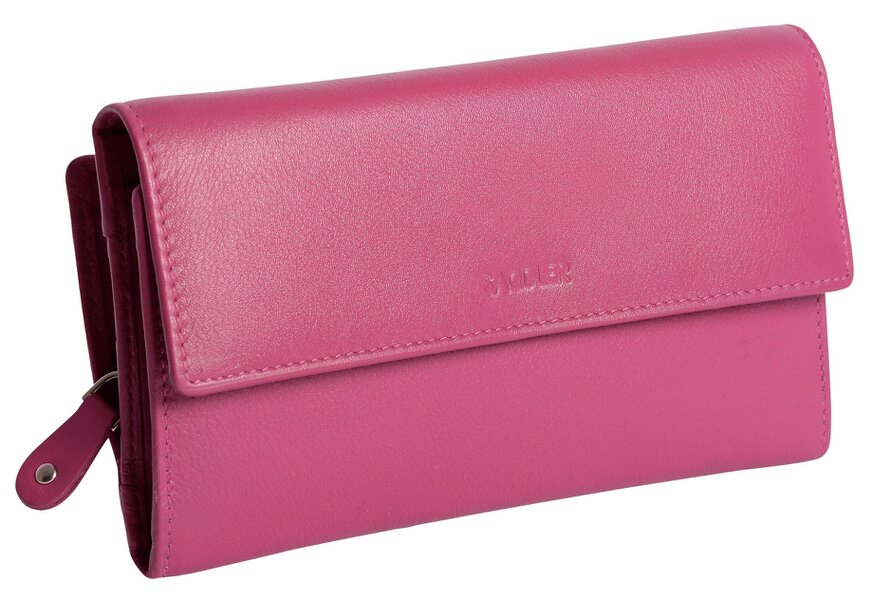 SADDLER ELLA Leather 18cm Trifold Purse - 20 Card Slots, Several Coin and Note Sections - RFID Protected - Magenta