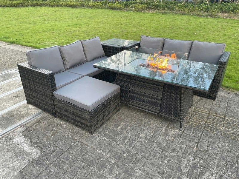 Fimous Outdoor Rattan Garden Furniture Gas Fire Pit Dining Table Sets Gas Heater Lounge Big Footstool Dark Mixed Grey 7 Seater