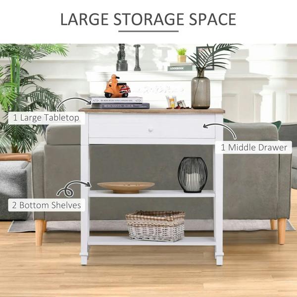 White console table with light wood top, center drawer and two bottom shelves
