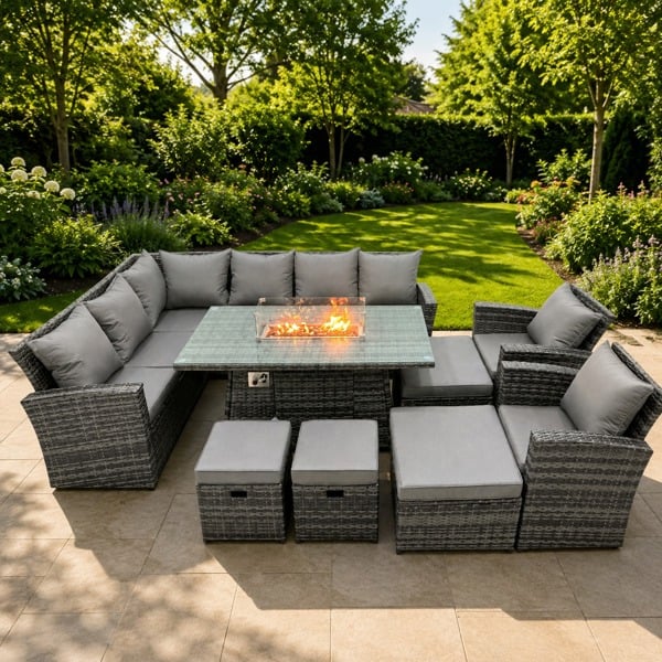 Fimous Poly Rattan Outdoor Patio Gas Firpit Dining Table Corner Sofa Set with 4 Stools 2 Chairs for Garden Backyard Dark Grey Mixed