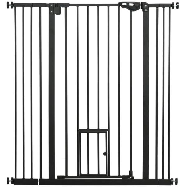 Black pet safety gate with narrow vertical bars and a small bottom cat flap door
