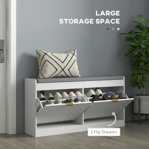 Wyld Haus Kera Wooden White Upholstered Shoe Bench With 2 Flip Drawers and Grey Padded Seat