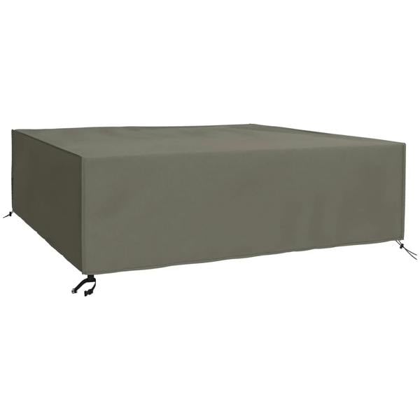 Grey square patio furniture cover with adjustable tie straps at corners