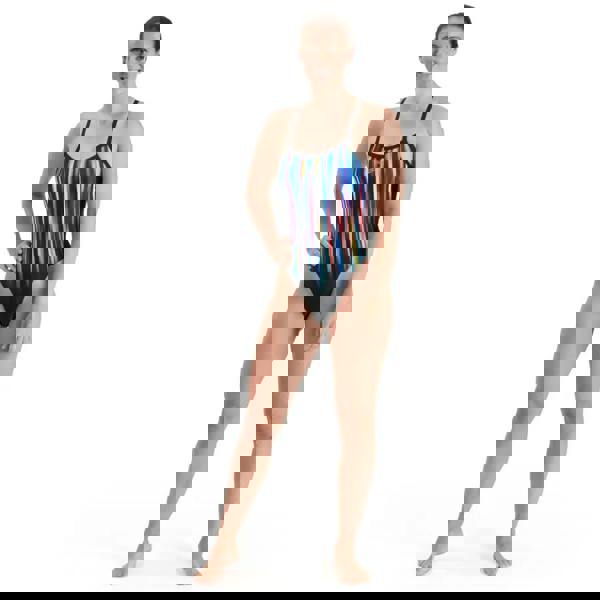 Speedo Placement Thinstrap Muscleback Swimsuit in rainbow stripes with black trim