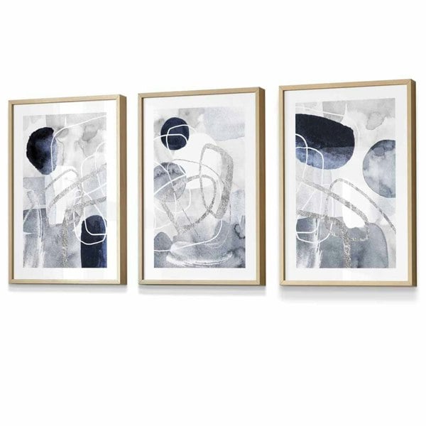 Artze Wall Art Abstract Blue and Silver Shapes Set of 3 Framed Art Prints