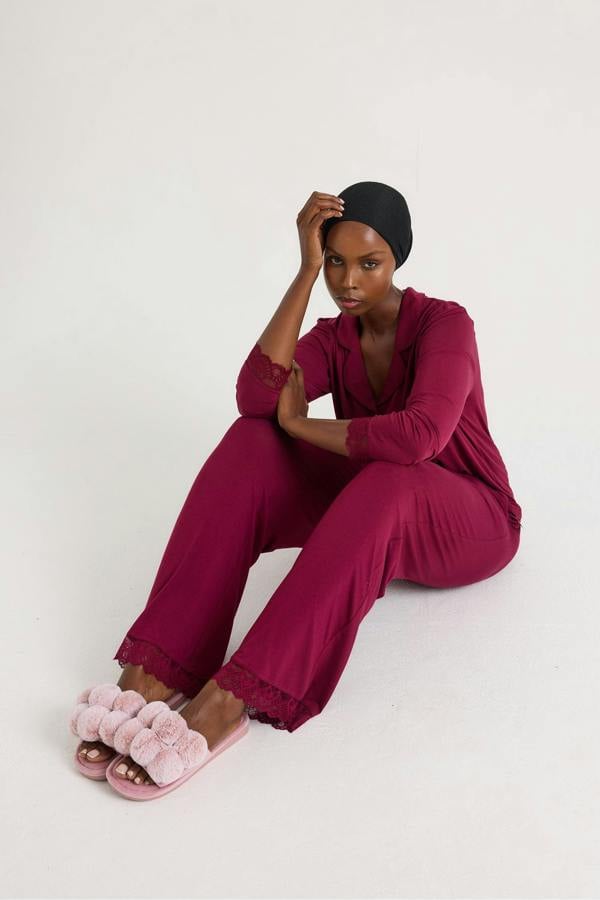 Bamboo Lace Long Pyjama Set in Bordeaux - Wholesale - Pajamas