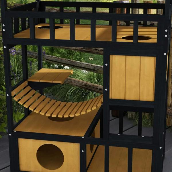 Close view of a four-tier wooden cat shelter with ramp, doors, and circular entry