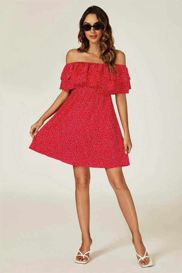 FS Collection Polka Dot Bardot Frill Mini Dress In Red
