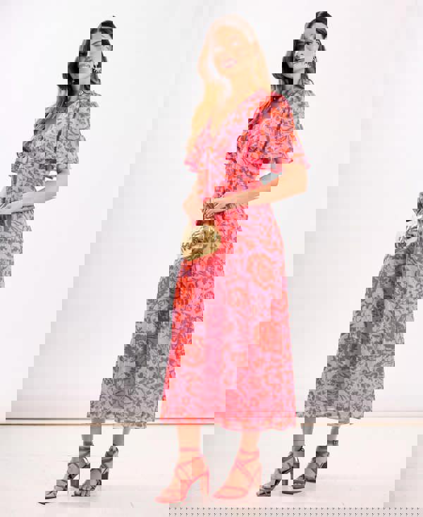 Pink floral Chiffon Flutter Sleeve Midi Dress